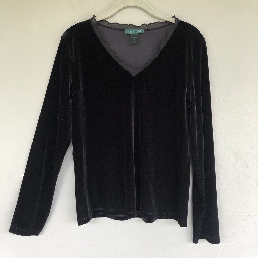 Lauren Ralph Lauren Velvet Top Sz L BlackLace Trim V Neck Whimsigoth Fairycore